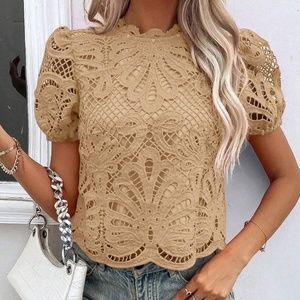 Classic Tan Lace Puff Sleeve Blouse